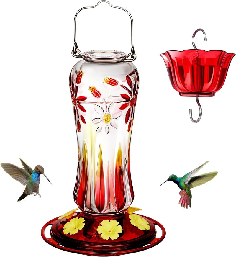 Kingsyard Hummingbird Feeder for Outdoors Hanging, 25 Ounces, Glass Humming Bird Nectar Feeder with Ant Moat & 6 Feeding Ports, Leak Proof, Red - Image 1
